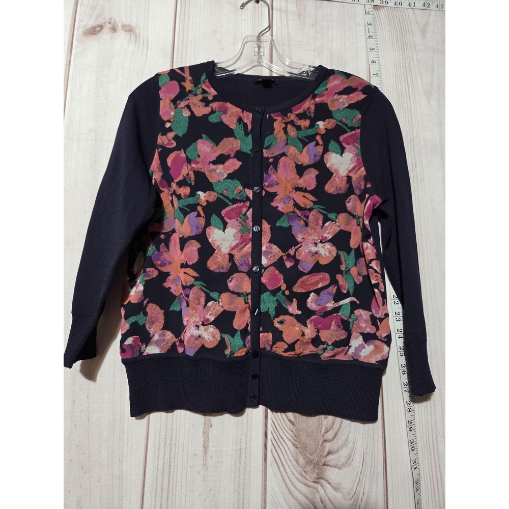 Ann Taylor Sweater Womens Small Navy Blue Floral Cardigan Button Front Light Top